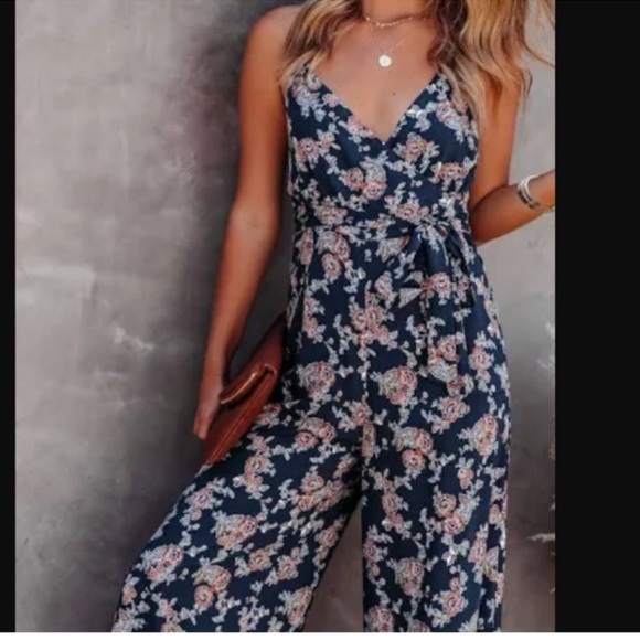 VICI Sully Printed Wide Leg Bell Bottom Floral Boho Open Sexy Low Back Jumpsuit - Picture 2 of 4